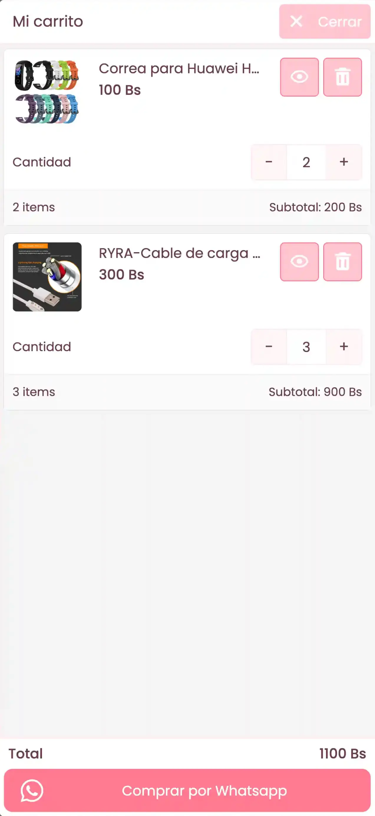 Carrito de compra del catálogo de Joyería