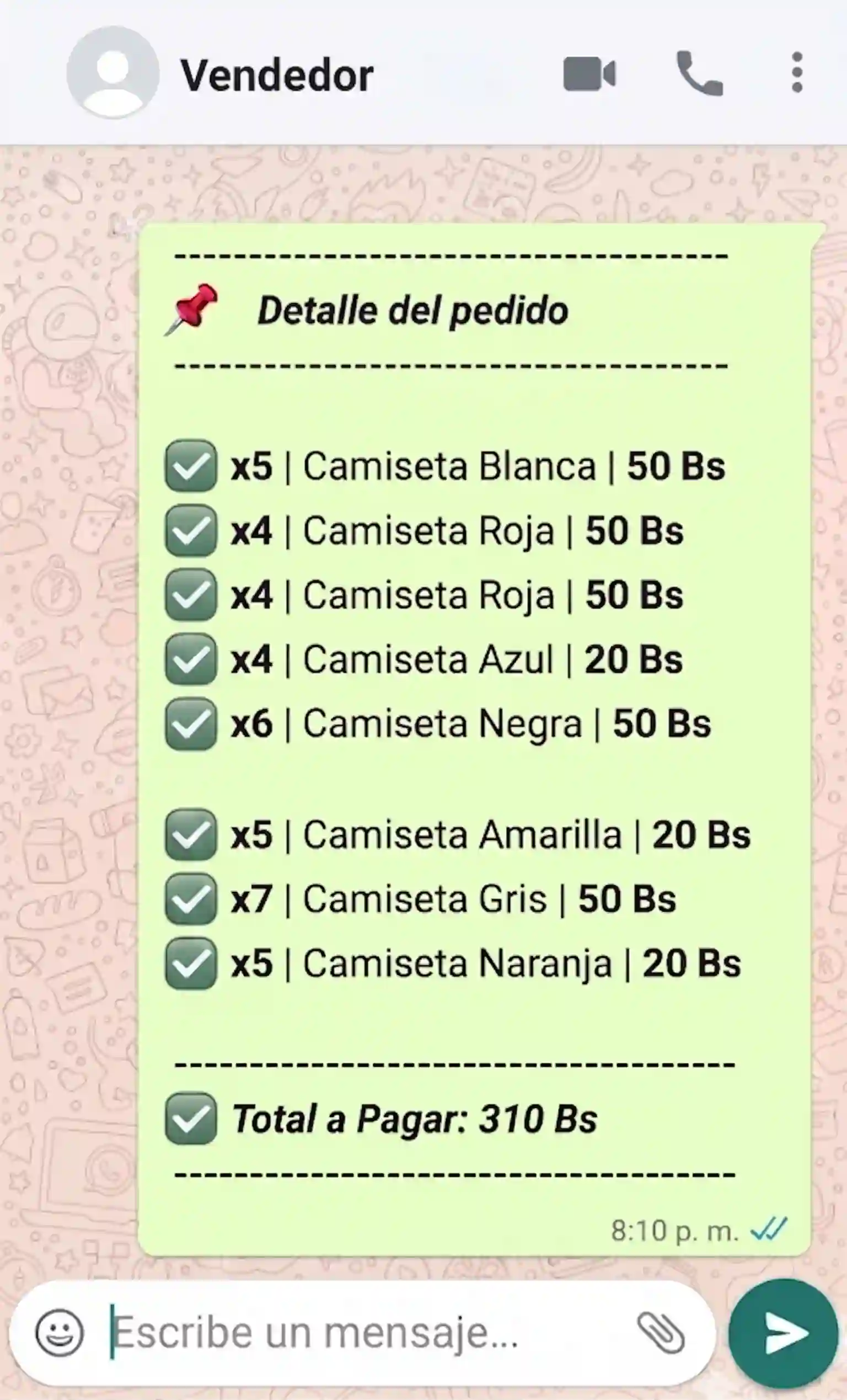 Pedido recibido por WhatsApp.